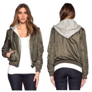 Green Obey Bomber Jacket with attached Grey Hoodie